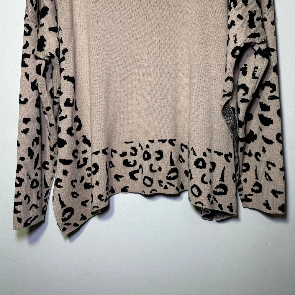Leopard High Neck Side Slit Oversized Sweater size 2XL Cozy Minimalist Chic